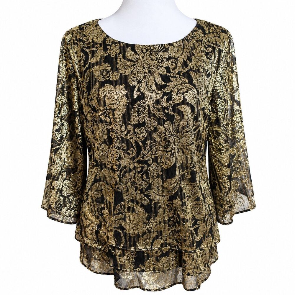 Women’s Large Black Gold Metallic Blouse Sheer Layered Baroque Party Holiday Top